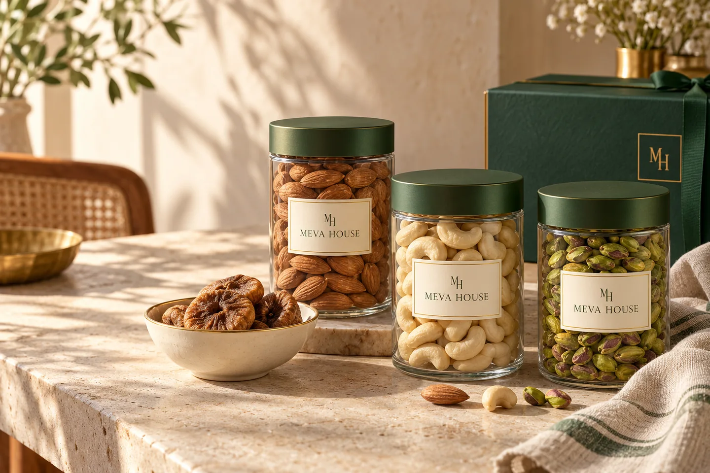 Meva House concept containers with almonds, cashews and pistachios on a sunlit table