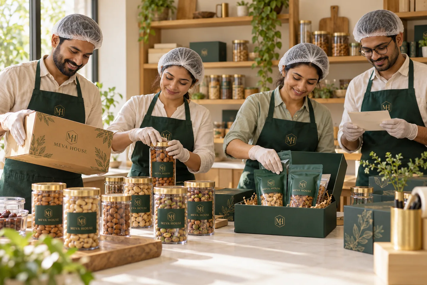 Illustrative Meva House team scene showing careful packing of sealed dry-fruit containers and gift boxes